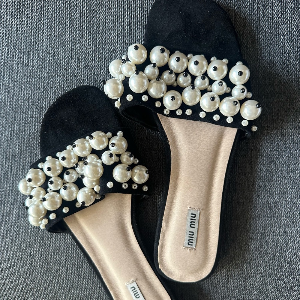 Miu Miu Black Sandals with Pearl Embellishments